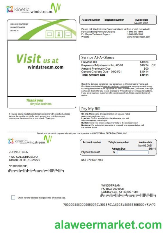 USA Windstream Holdings, Inc. utility bill template in Word and PDF format